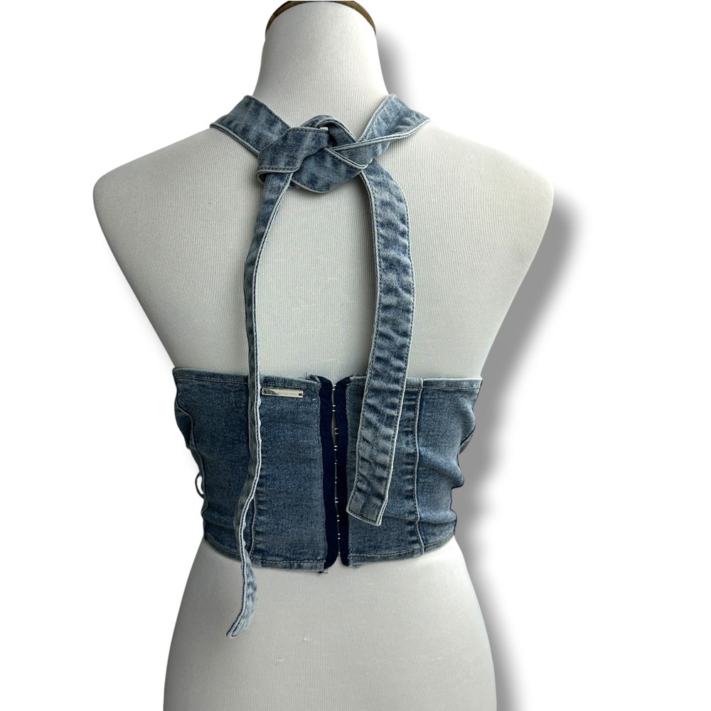 Maniere De Voir Denim Halter Top Womens 8 Blue Criss Cross Cutout Corset Lace Up - Picture 2 of 7